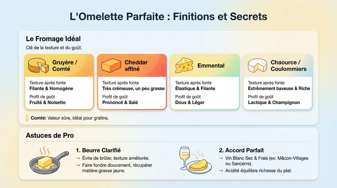 Omelette au fromage baveuse et dorée servie sur une assiette blanche