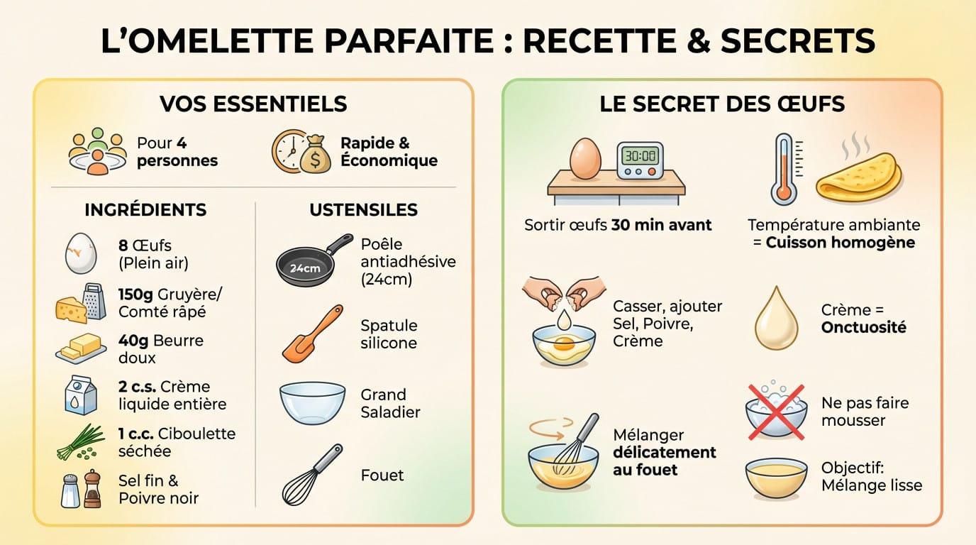 Omelette au fromage fondante et baveuse servie dans une assiette