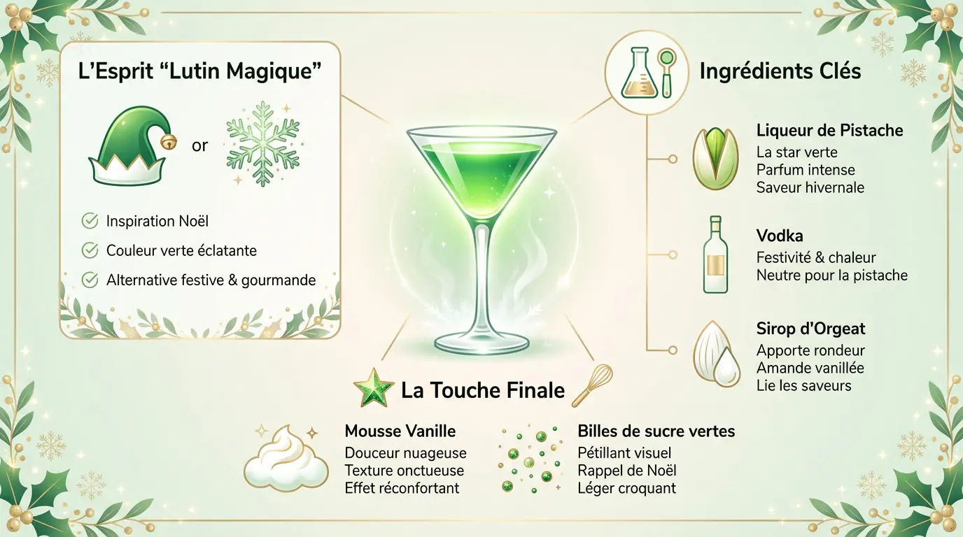Cocktail Lutin magique pistache avec sa mousse vanille onctueuse et ses décorations festives