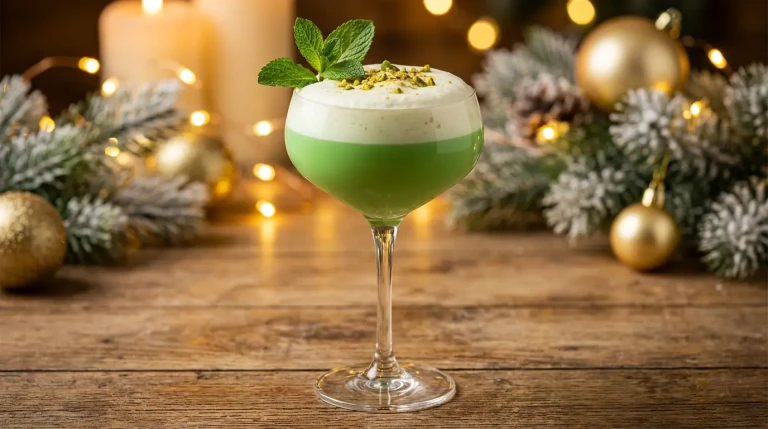 Cocktail vert festif sur table décorée de Noël