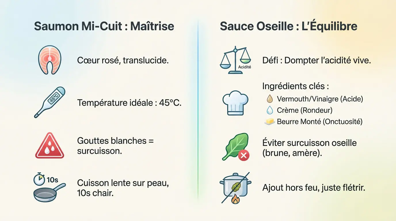 Pavé de saumon mi-cuit à la chair rosée nappé de sauce à l'oseille onctueuse