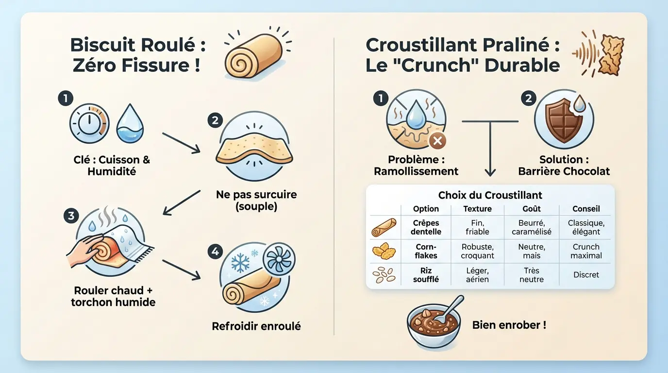 Préparation d'un biscuit roulé végétalien souple et d'un croustillant praliné pour bûche de Noël
