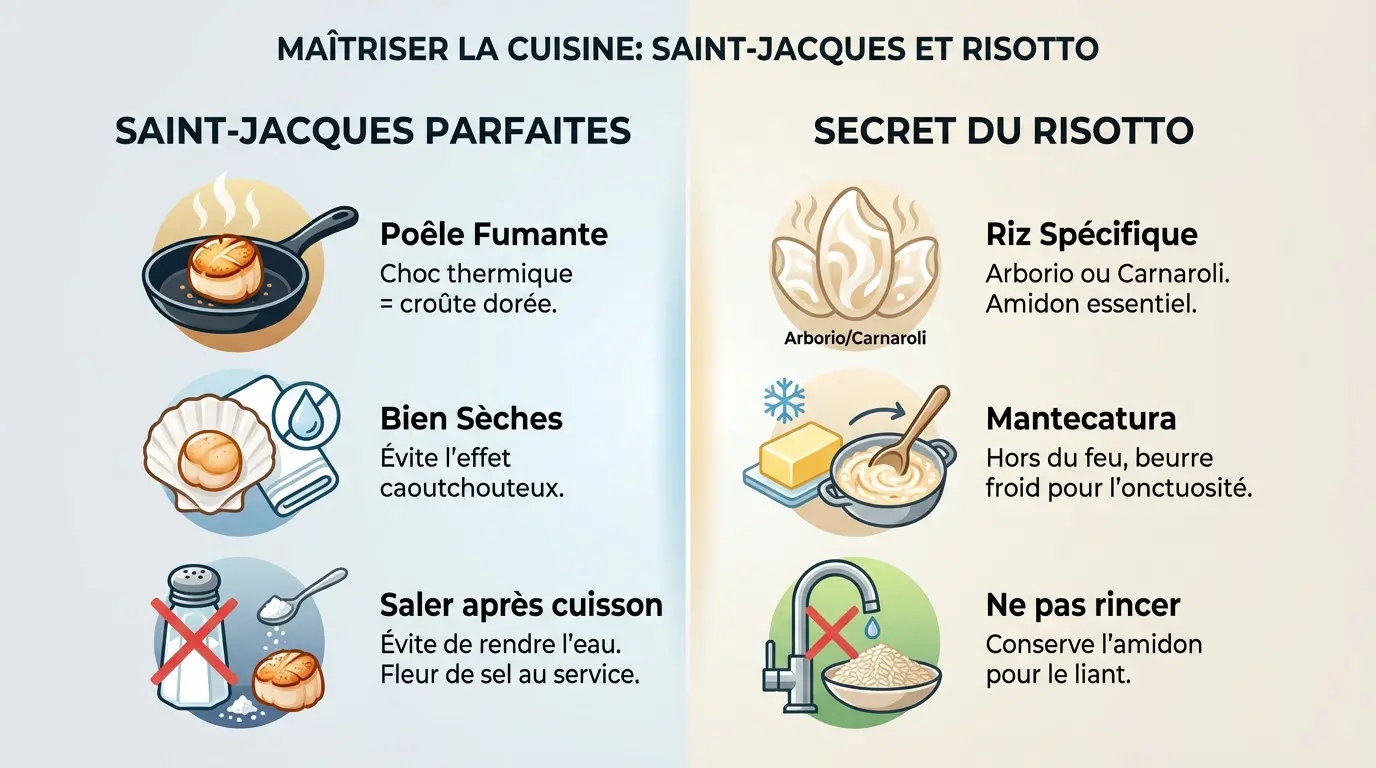 Assiette festive de risotto crémeux aux noix de Saint-Jacques, parfumé au safran et à la vanille