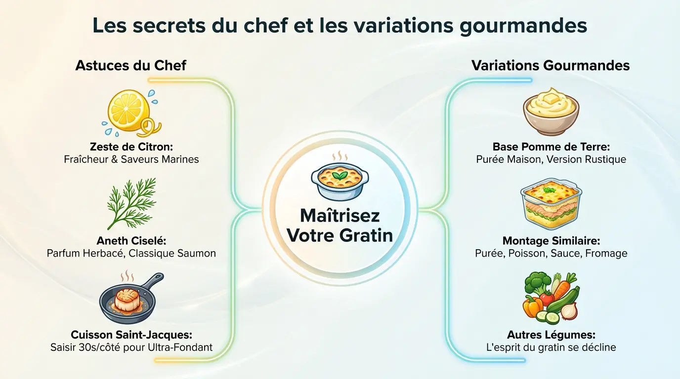 Gratin de Noël au saumon et Saint-Jacques doré au four