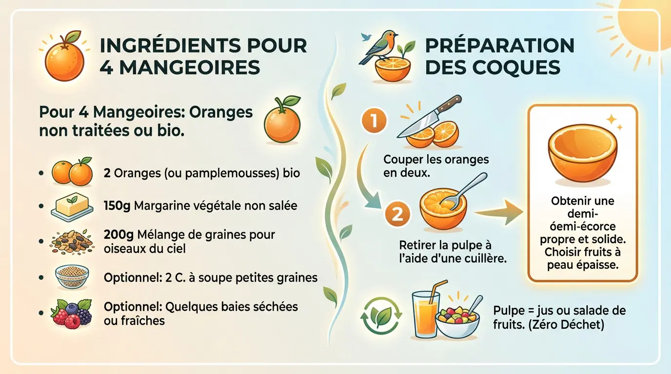 Ingrédients et préparation des mangeoires oiseaux écorce orange