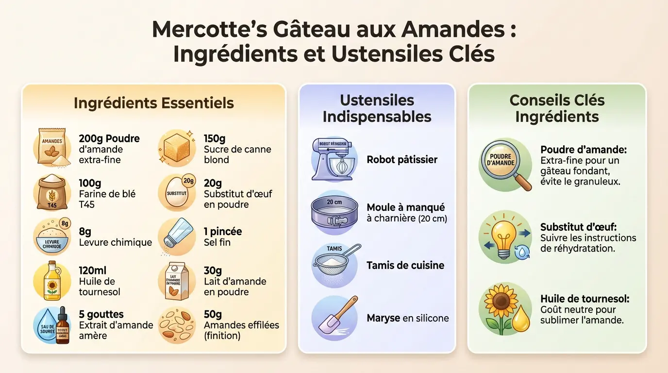 Ingrédients et ustensiles clés pour le gâteau aux amandes de Mercotte