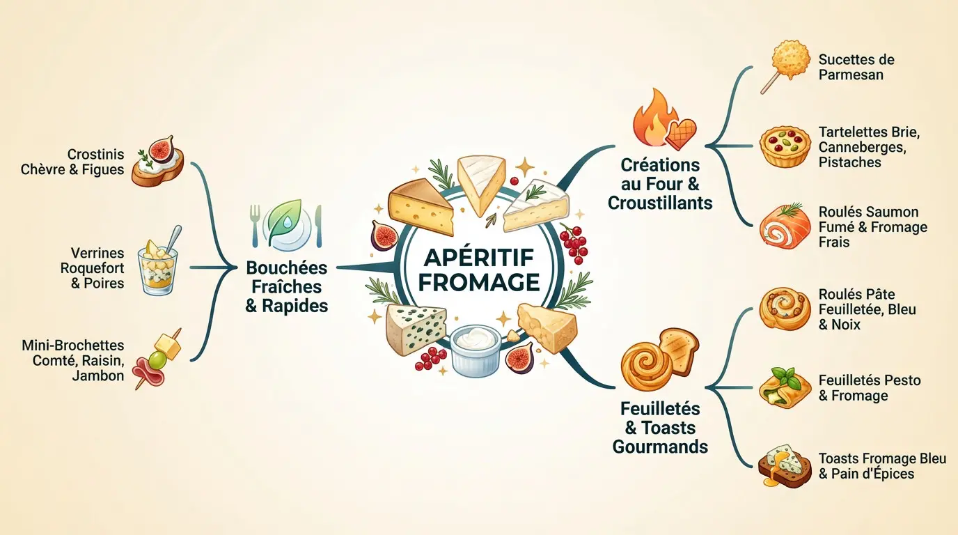 Mind map illustrant des idées d'apéritifs au fromage pour les fêtes : bouchées fraîches, créations au four et feuilletés gourmands.