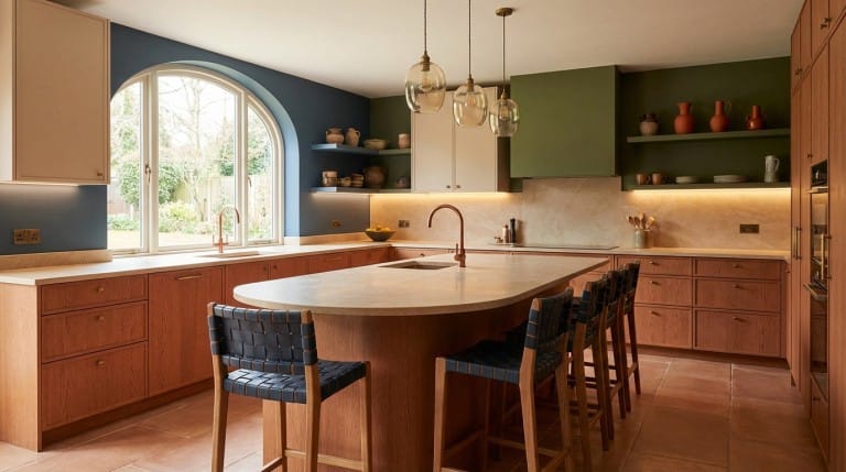 Cuisine moderne avec des couleurs terreuses et textures authentiques, tendance 2026