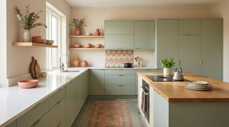 Tendances couleurs cuisine bien-être 2026 avec des teintes chaudes et froides