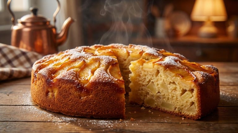 Gâteau aux pommes moelleux sur une assiette, décoré de tranches de pomme et de cannelle