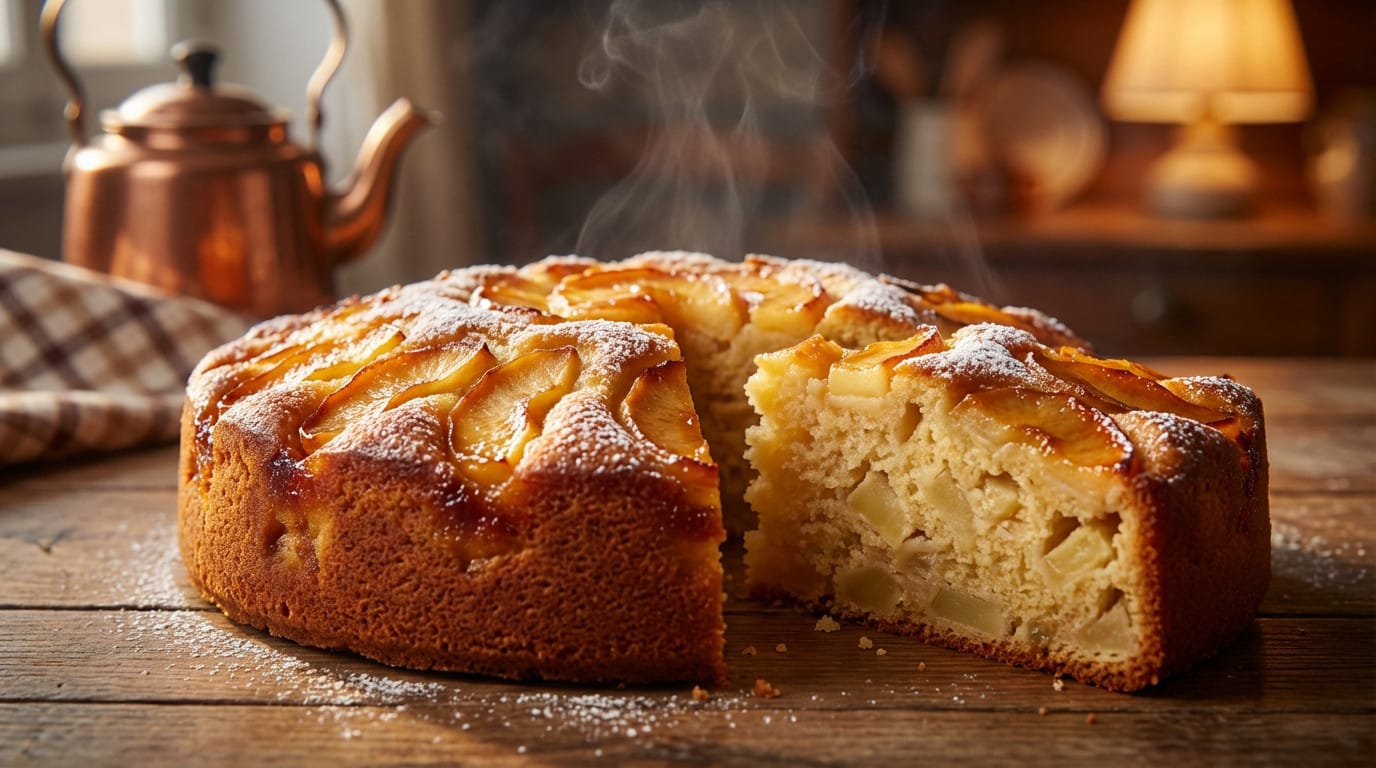 Gâteau aux pommes moelleux sur une assiette, décoré de tranches de pomme et de cannelle