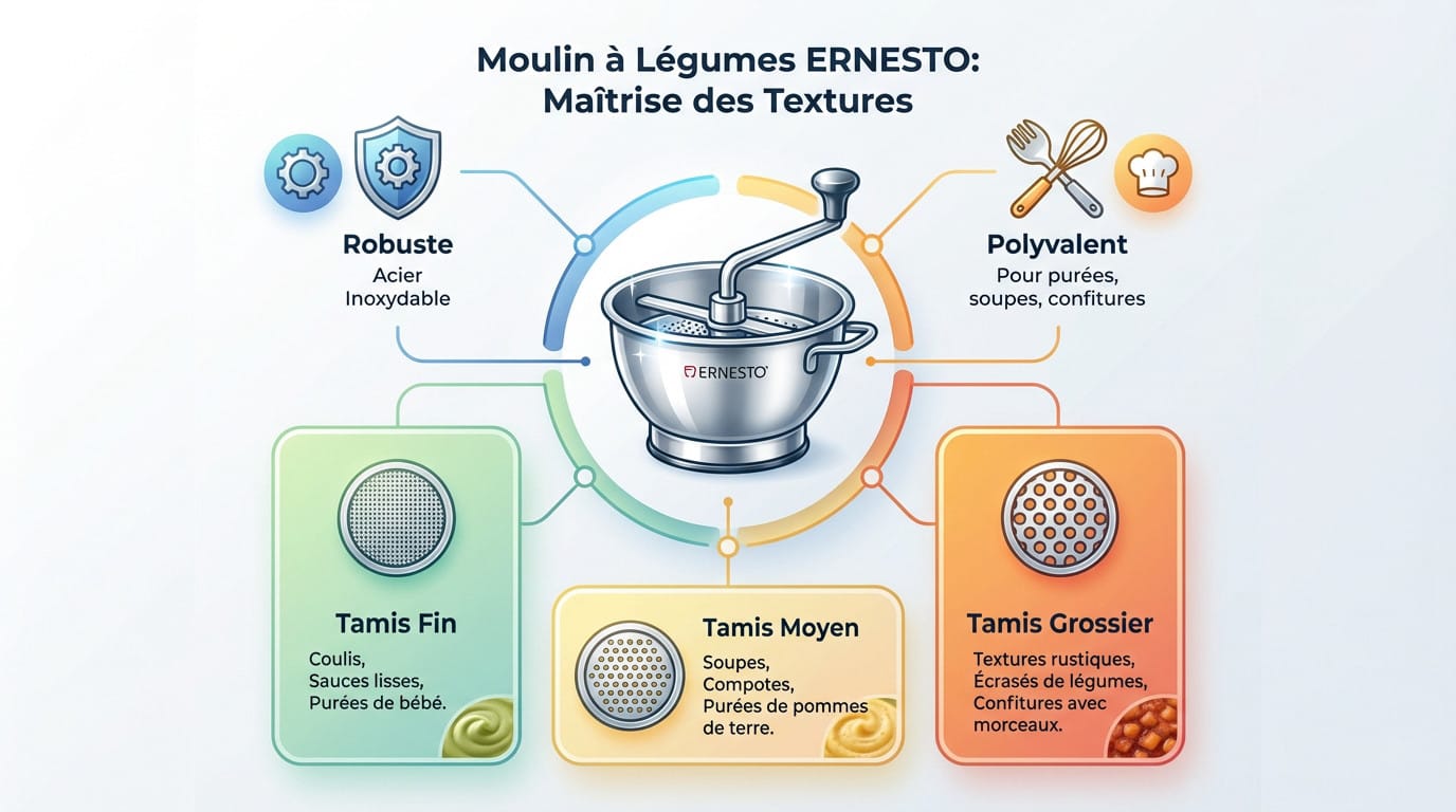 Moulin à légumes ERNESTO en acier inoxydable avec trois disques pour varier les textures