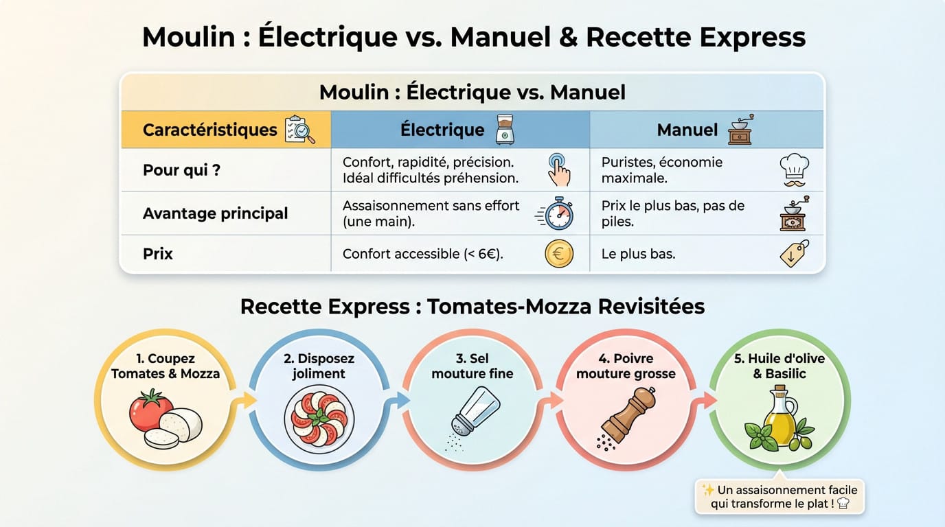 Comparatif moulin électrique Tristar contre moulin manuel pour assaisonner des tomates mozzarella