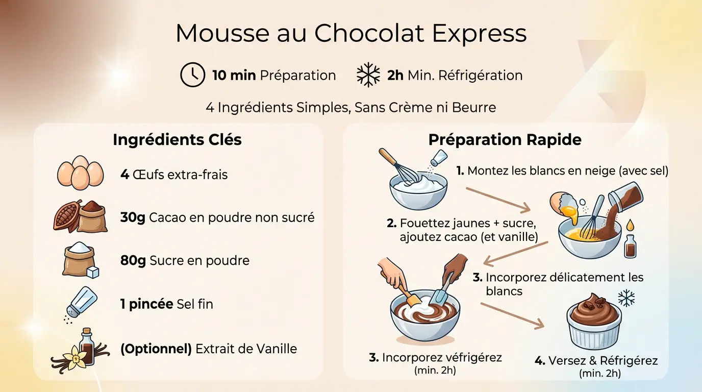 Mousse au chocolat onctueuse préparée avec du cacao en poudre et des œufs