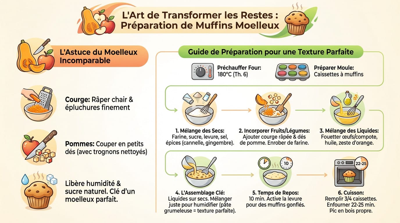 Ingrédients préparés pour muffins à la courge et pommes : épluchures râpées et dés de fruits