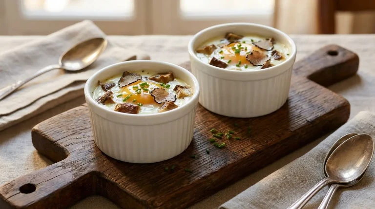 Œufs cocotte aux truffes servis sur planche rustique