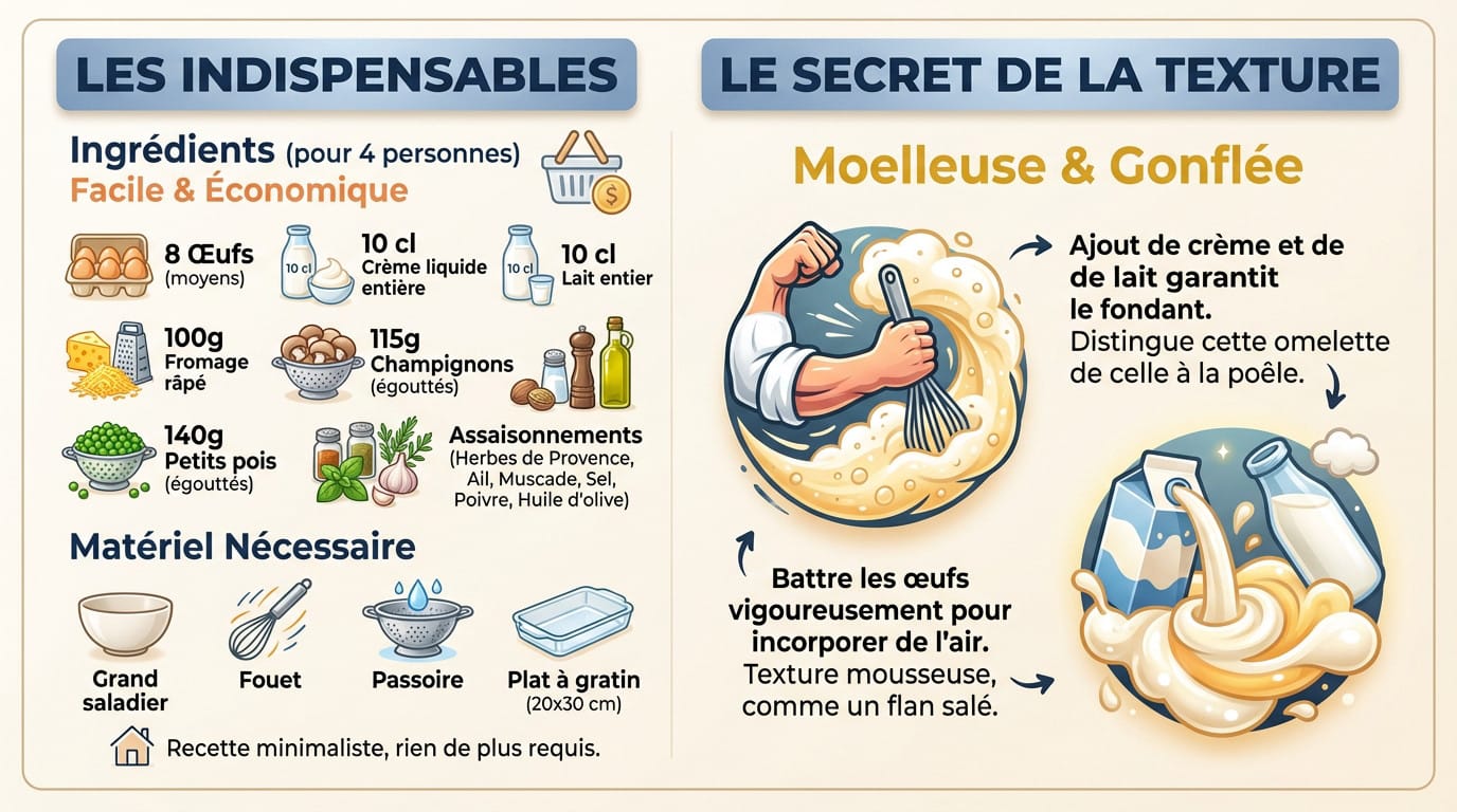 Texture aérienne et moelleuse d'une omelette cuite au four dans un plat à gratin