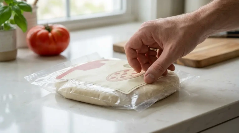 Main tenant un sachet de pâte à pizza