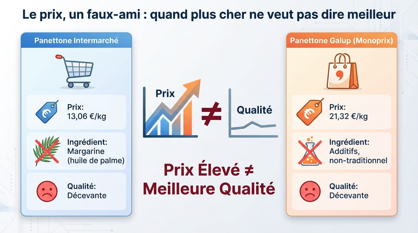 Comparaison de prix entre panettones de supermarché montrant que le prix élevé ne garantit pas la qualité