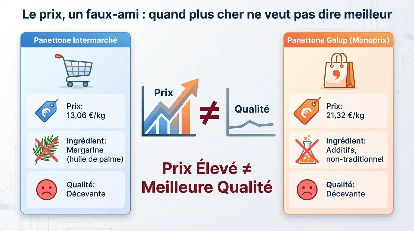 Comparaison de prix entre panettones de supermarché montrant que le prix élevé ne garantit pas la qualité