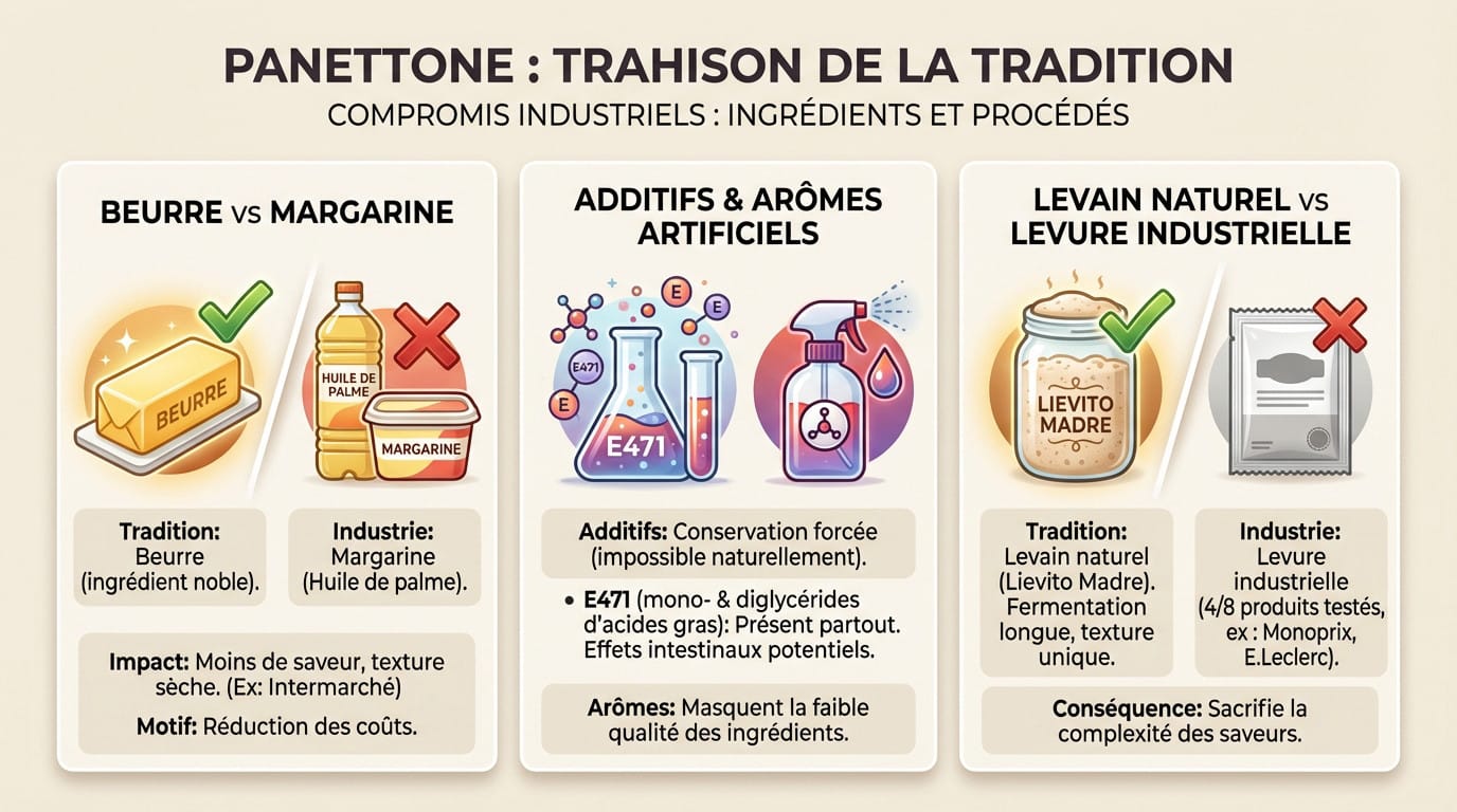 Comparaison entre un panettone traditionnel au beurre et un panettone industriel sec