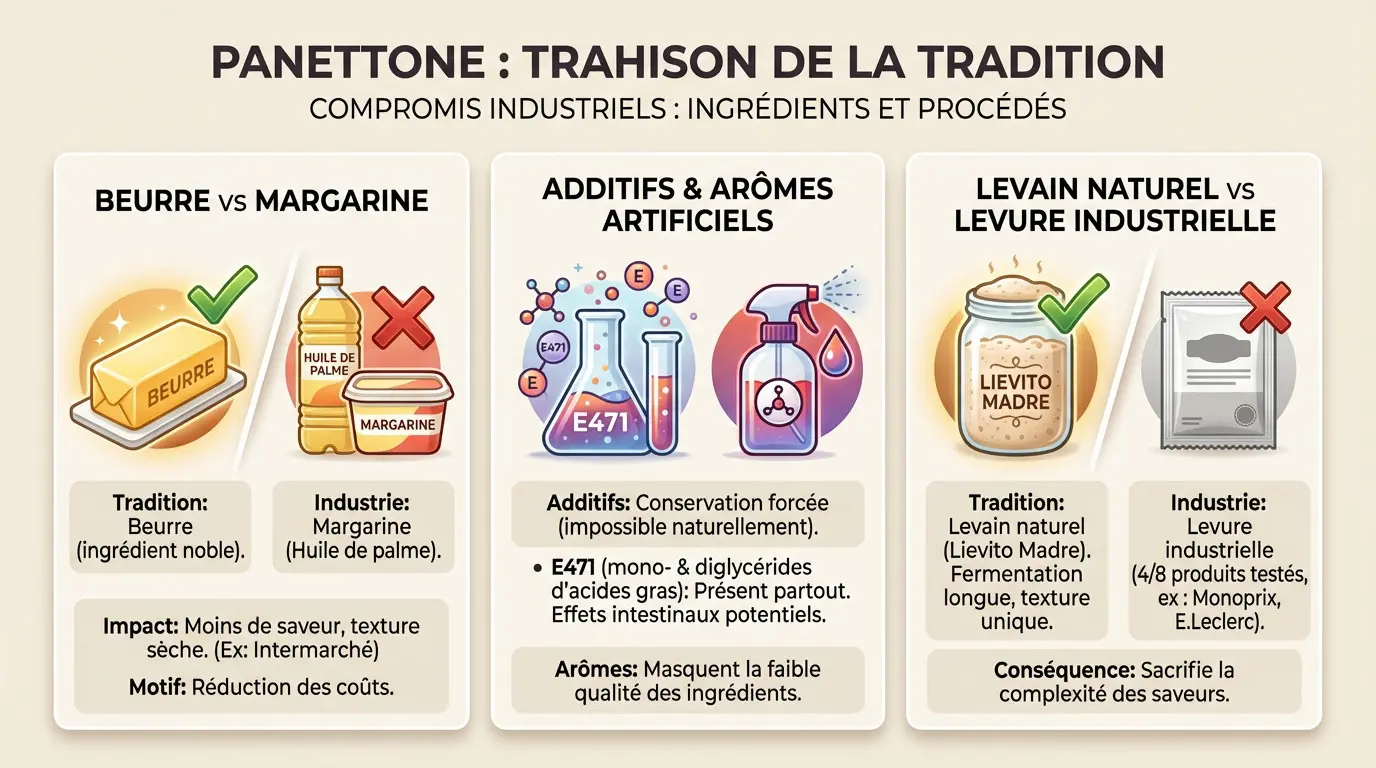 Comparaison entre un panettone traditionnel au beurre et un panettone industriel sec
