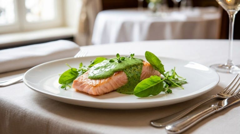 Saumon à l'oseille Paul Bocuse, plat gourmet avec sauce onctueuse et garniture d'oseille fraîche
