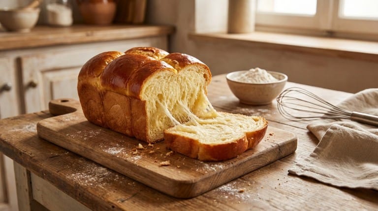Brioche maison facile avec une mie filante et dorée, prête à être dégustée