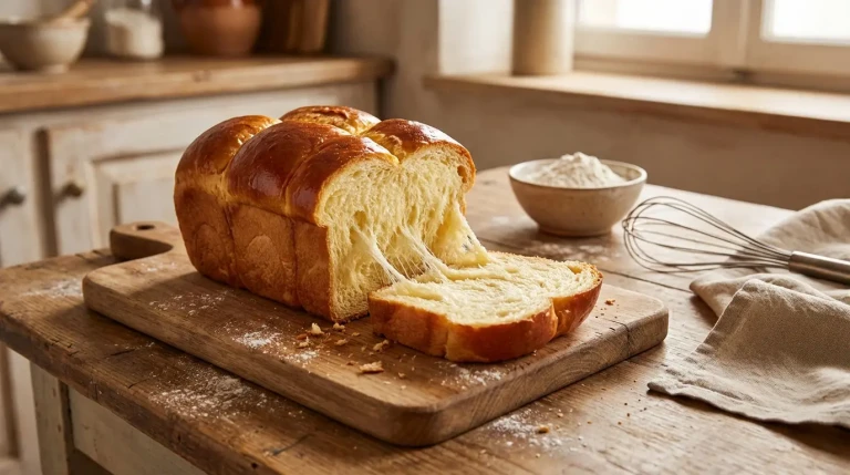 Brioche moelleuse sur une planche en bois