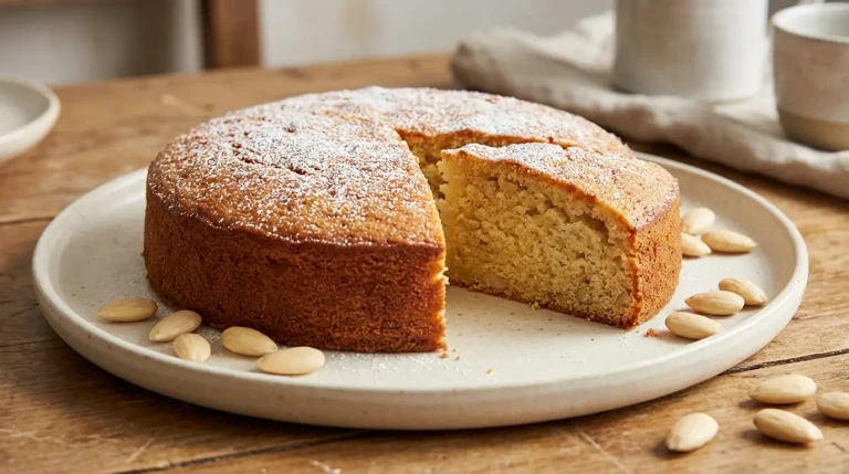 Gâteau moelleux aux amandes sur assiette blanche