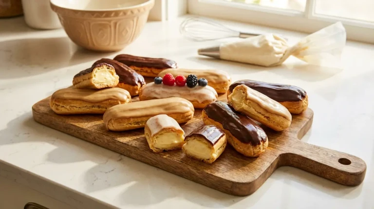 Éclairs au chocolat et café sur planche en bois