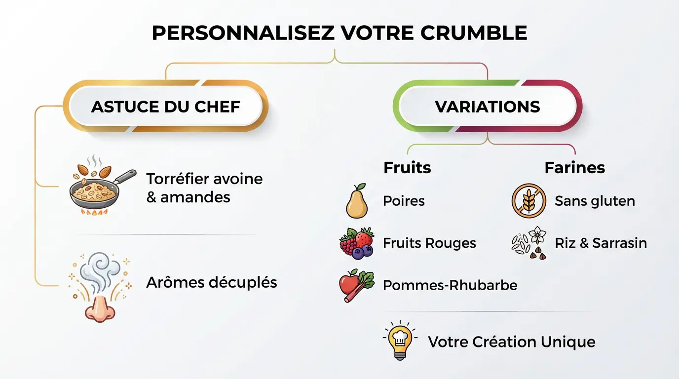 Ingrédients variés pour personnaliser un crumble aux pommes sans beurre