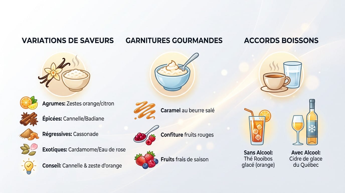 Bols de riz au lait personnalisés avec différentes garnitures comme des agrumes et du caramel