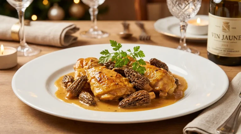 Poulet aux morilles sauce crémeuse sur assiette élégante