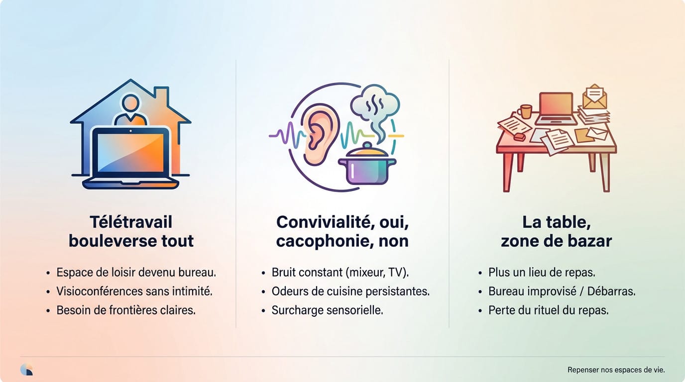 Salon ouvert moderne montrant les limites de la cohabitation entre cuisine et espace détente