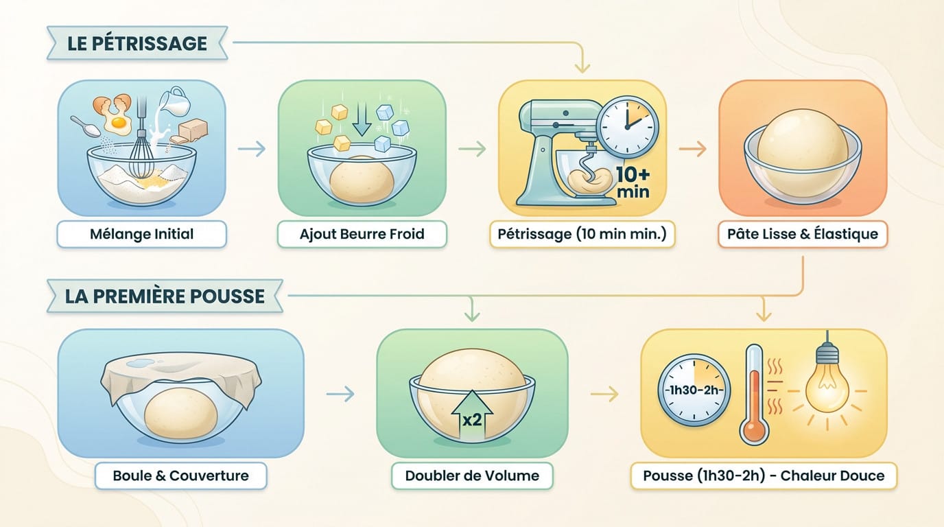 Pétrissage de la pâte à brioche au robot et première pousse dans un bol couvert