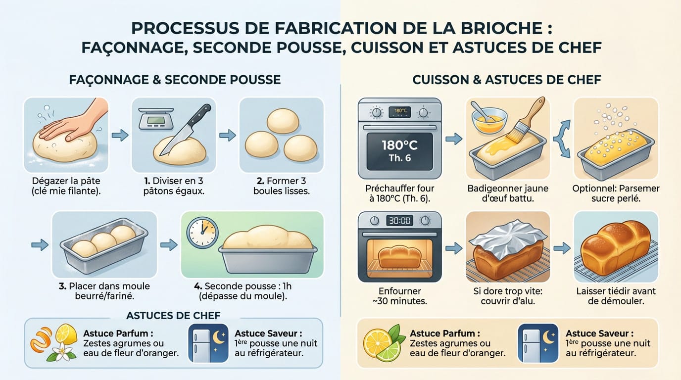 Façonnage de la pâte à brioche en trois boules dans un moule à cake avant cuisson
