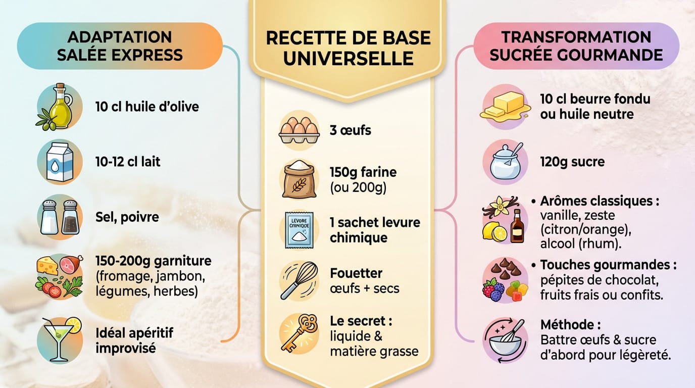 Ingrédients de base pour un cake salé ou sucré réussi : œufs, farine et levure