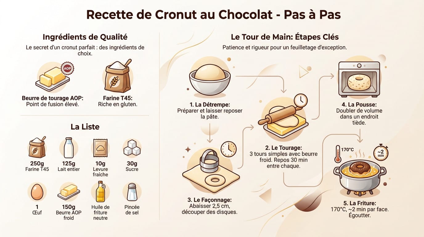 Préparation de la pâte à cronut au chocolat sur un plan de travail fariné
