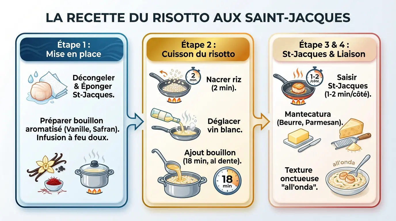 Assiette de risotto crémeux aux noix de Saint-Jacques avec pistils de safran et gousse de vanille