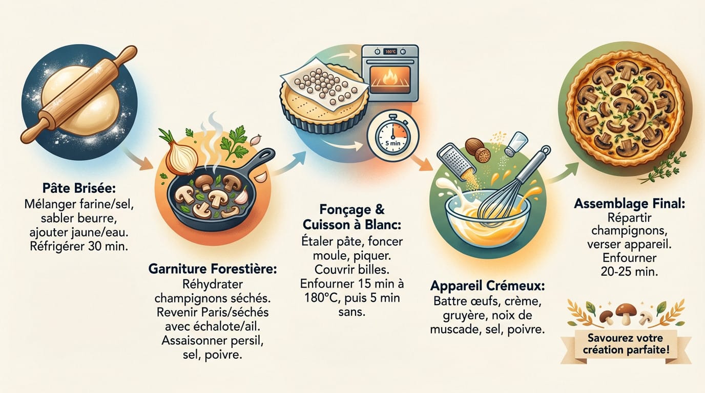 Tarte aux champignons rustique et dorée avec pâte brisée maison