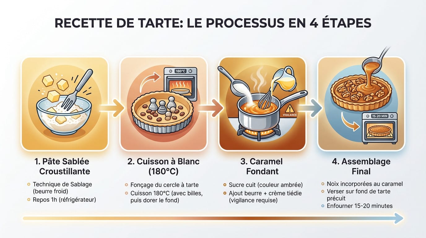 Étapes de préparation de la tarte aux noix : pâte sablée, caramel ambré et cuisson au four