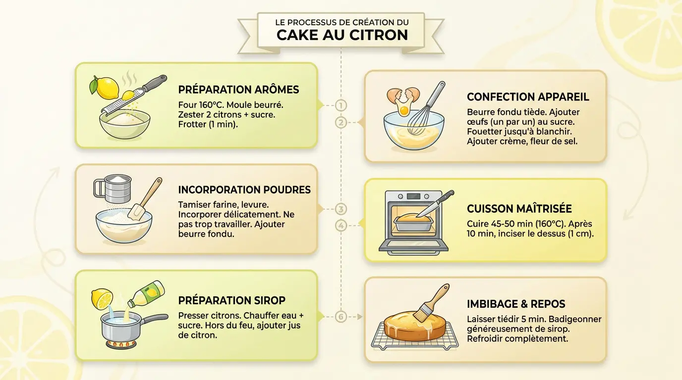 Infographie détaillant les étapes clés de la recette du cake au citron de Pierre Hermé