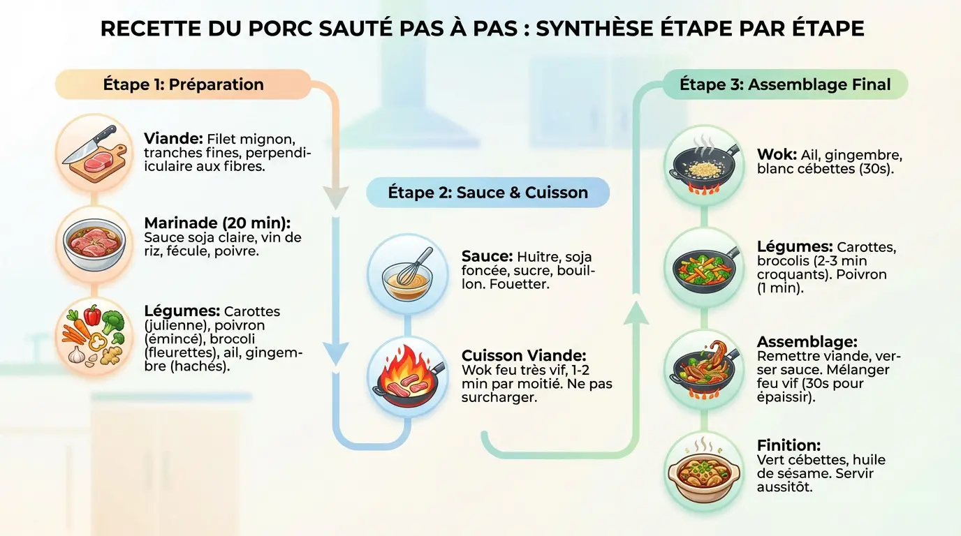 Étapes de préparation du porc sauté à la chinoise au wok