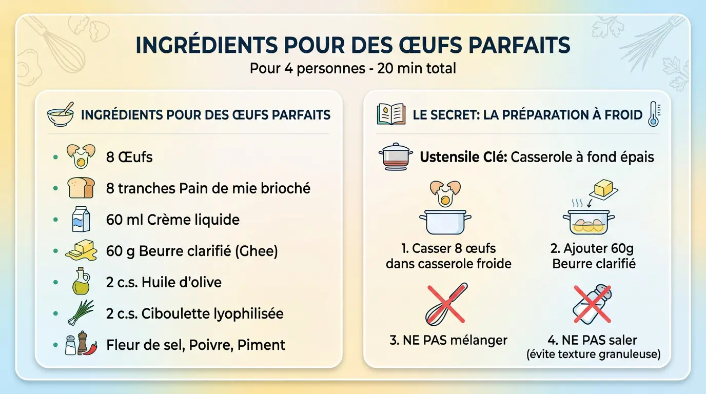 Préparation des œufs brouillés crémeux dans une casserole selon la méthode Ramsay