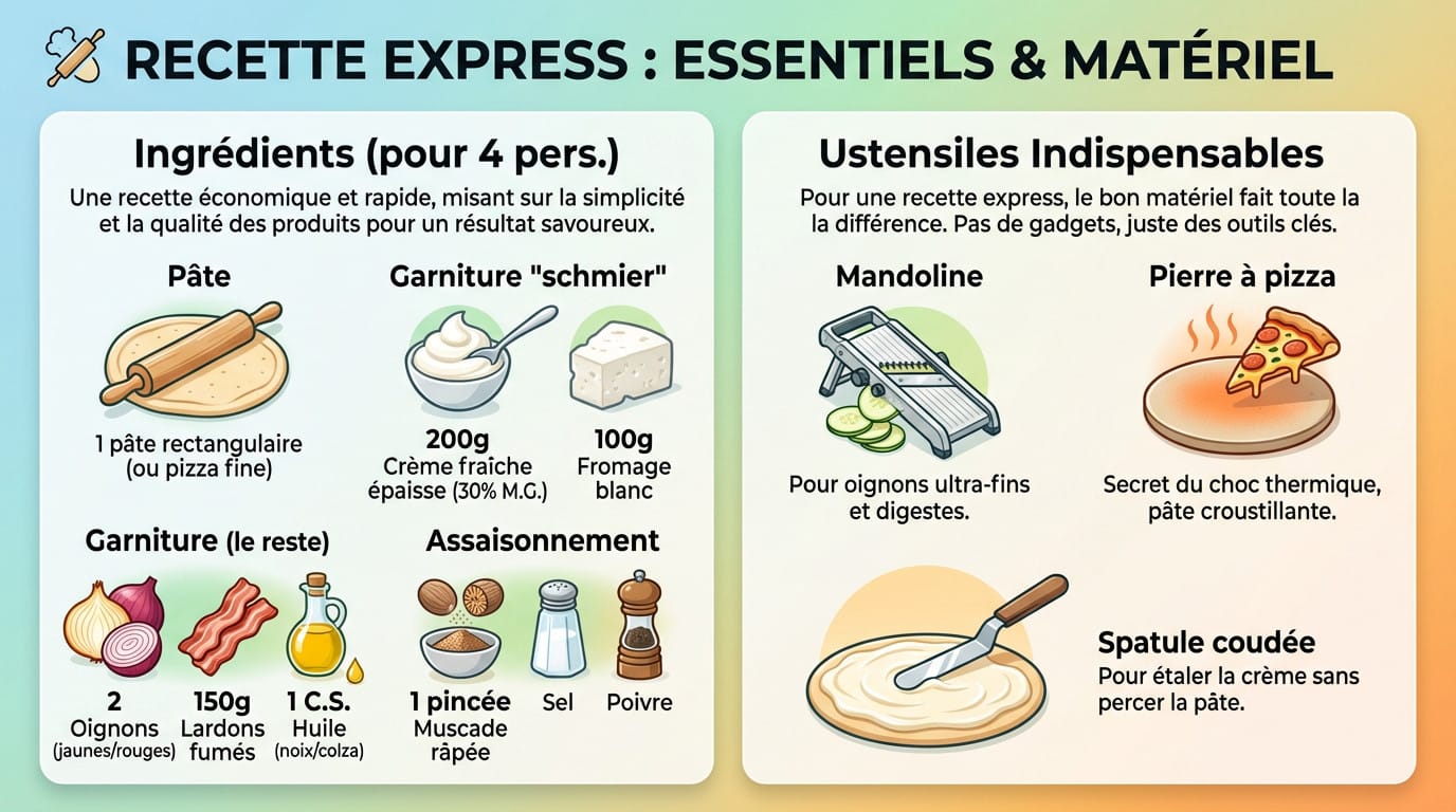Ingrédients frais et ustensiles pour la flammekueche express de Norbert Tarayre sur un plan de travail