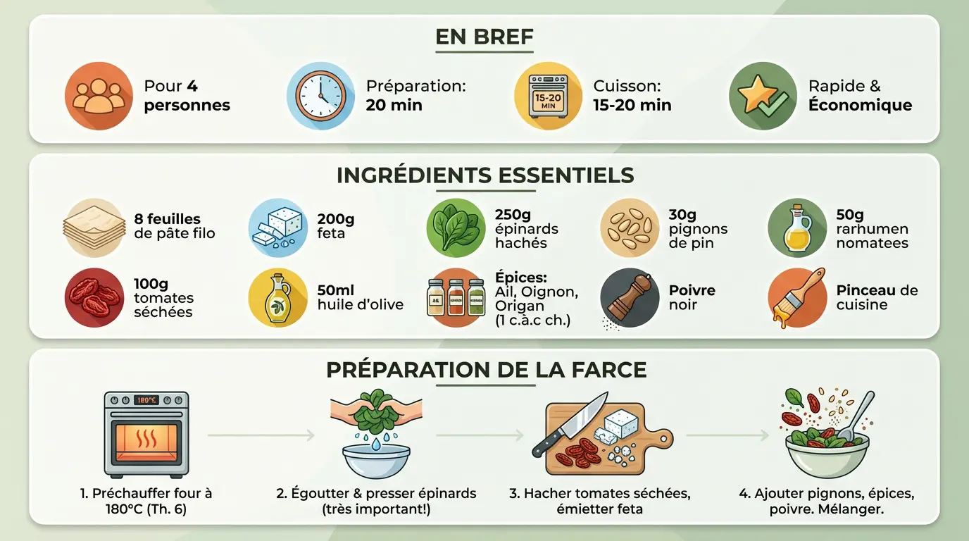 Préparation de la farce pour roulés pâte filo feta épinards et tomates séchées