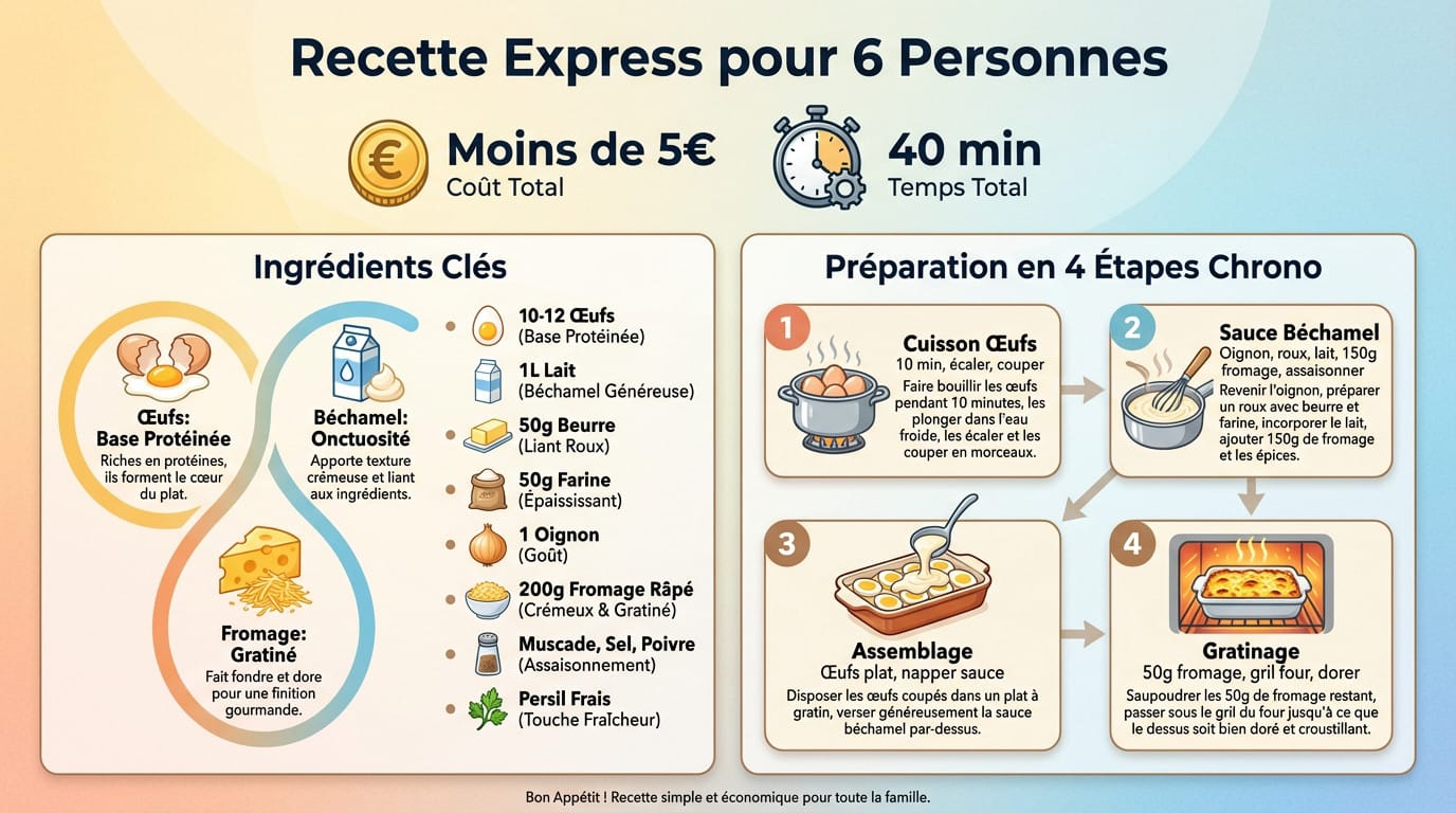 Gratin d'œufs durs doré et fumant sortant du four pour un repas familial économique