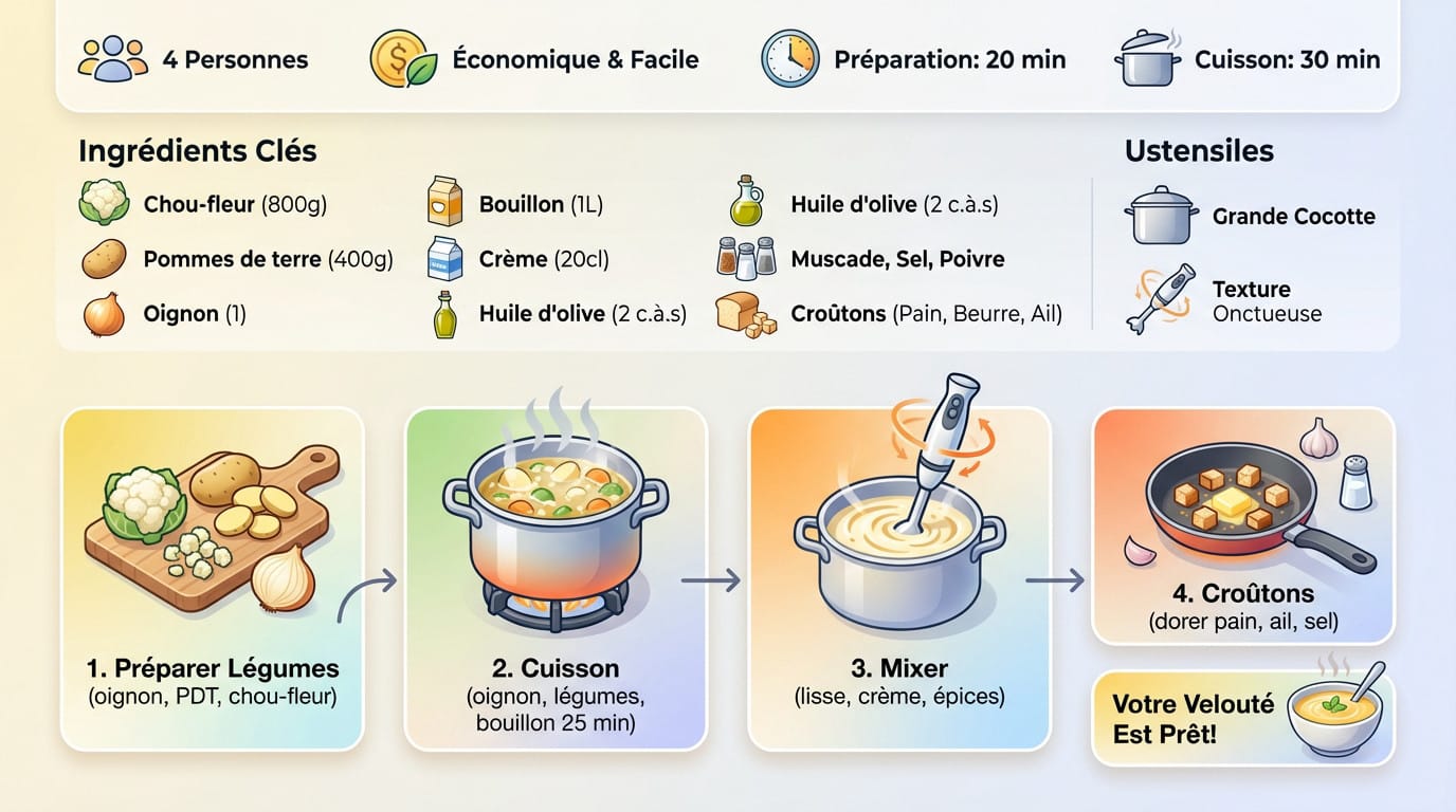 Velouté onctueux de chou-fleur et pommes de terre servi dans un bol avec des croûtons dorés