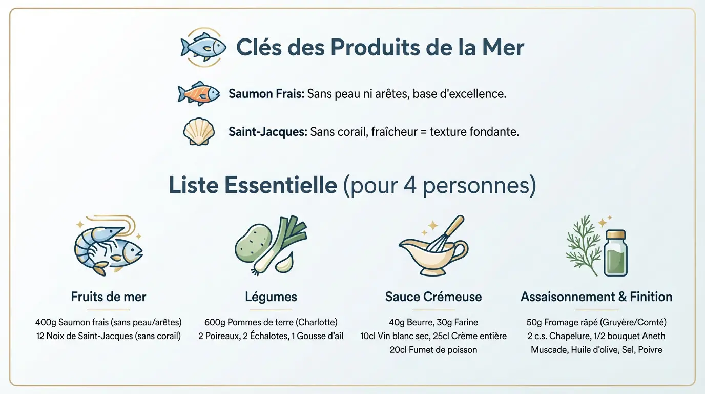 Gratin crémeux et doré aux fruits de mer, présenté dans un plat familial
